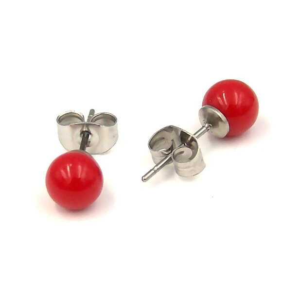 Red Resin Ball Stud Earrings Hypoallergenic Surgical Steel Posts Backs 6mm - Picture 2 of 4